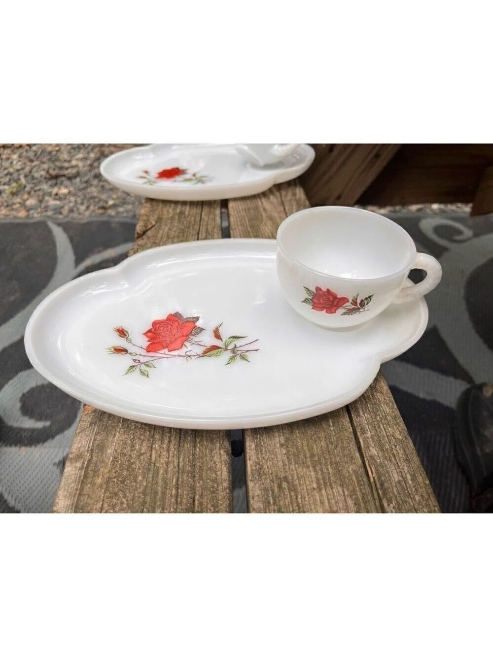 Vintage cup and plate white milk glass red rose